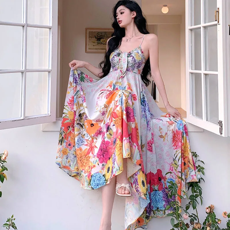 Holiday Beach Sling Party Long Dress For Women Summer Flowers  Print Chiffon Sexy V-Neck Backless Casual Boho Party Dress