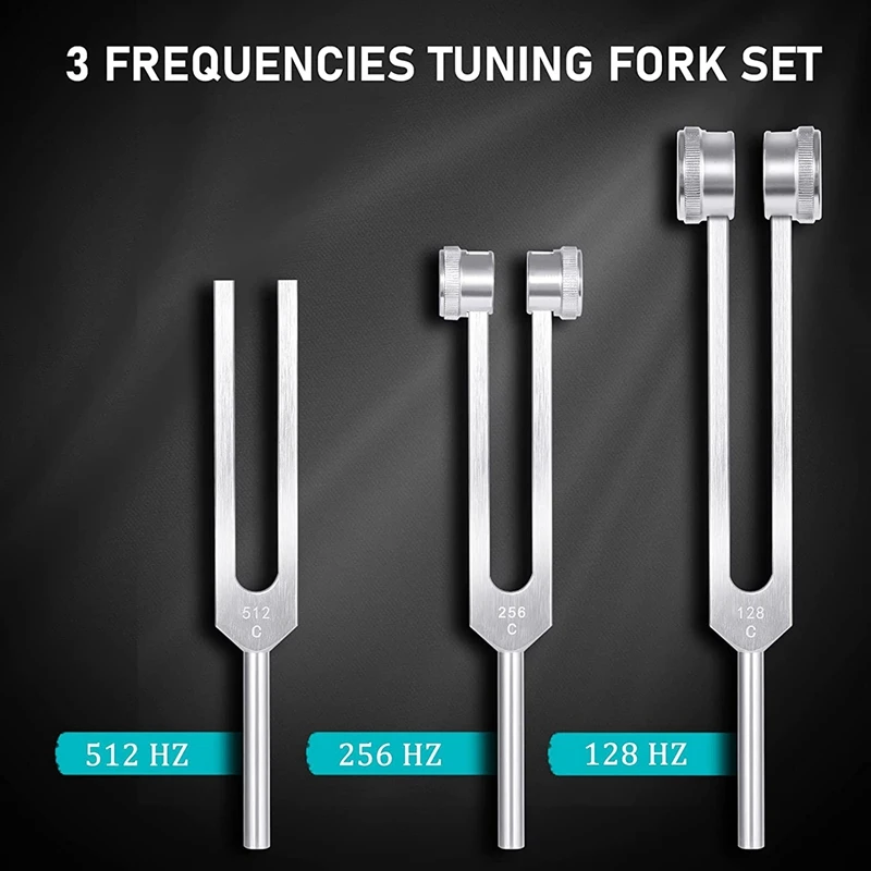 A46T 4 Pack Tuning Fork Set(128Hz, 256Hz, 512Hz)with Tuning Fork Hammer for Sound Sound Vibration Tool with Base,Silver