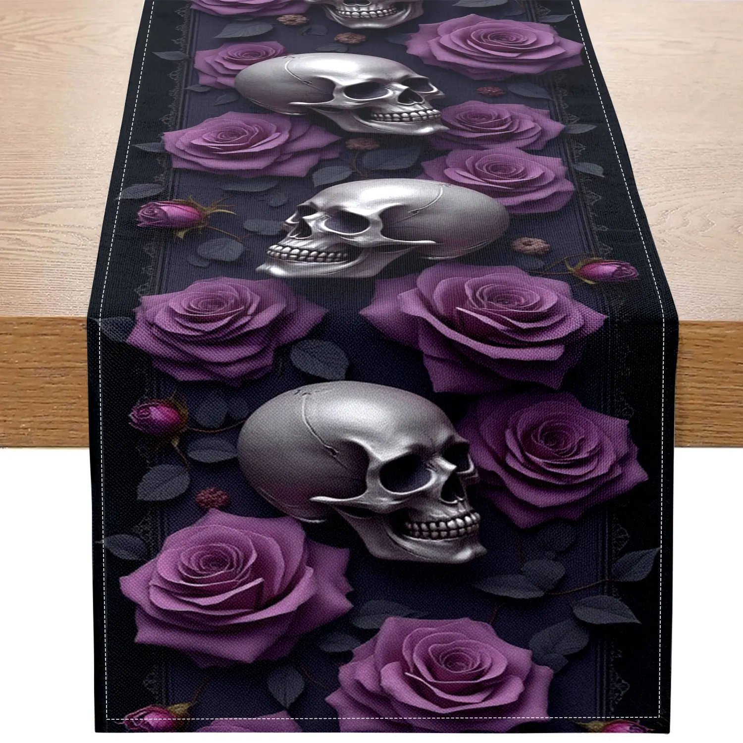

Цельная дорожка для стола в готическом стиле с черепом и фиолетовой розой, украшенная узором черепа и фиолетовых розы, подходит для вечеринок на Хэллоуин и украшения дома в темноте