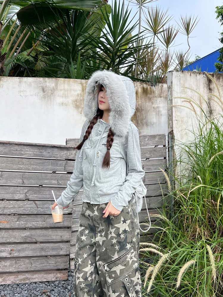 

Женский модный приталенный кардиган-свитер в американском ретро-стиле с отстегивающимся меховым воротником для осени...