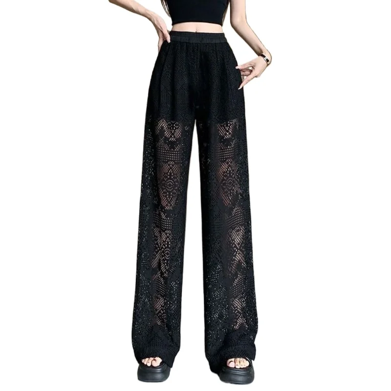 

Skinny High Waist Line Design Hollow Casual Pants New Summer Black High Waist Wide Leg Sexy Pants Women's Lace Fashion Straight