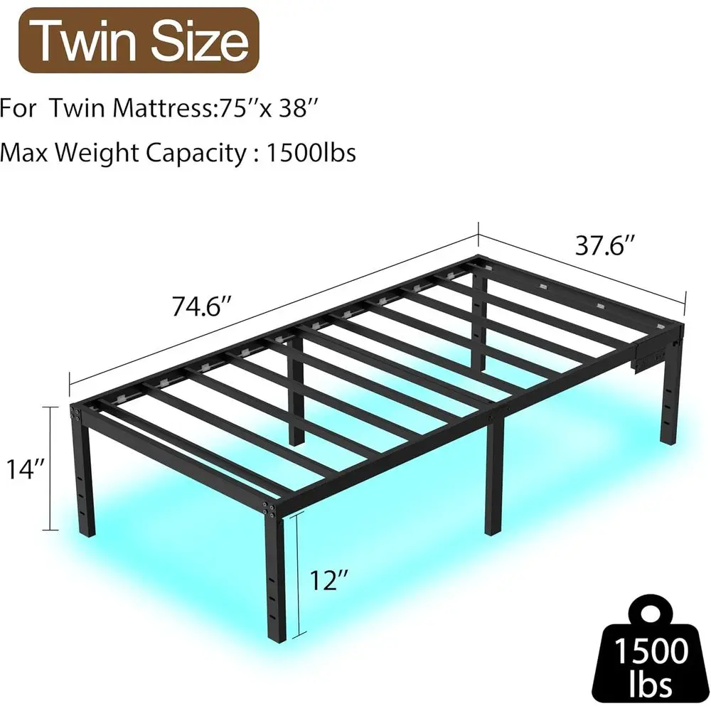 Twin Size 14 Platform Bed Frame with Ample Storage, Durable Metal, Suitable for Kids (Black)