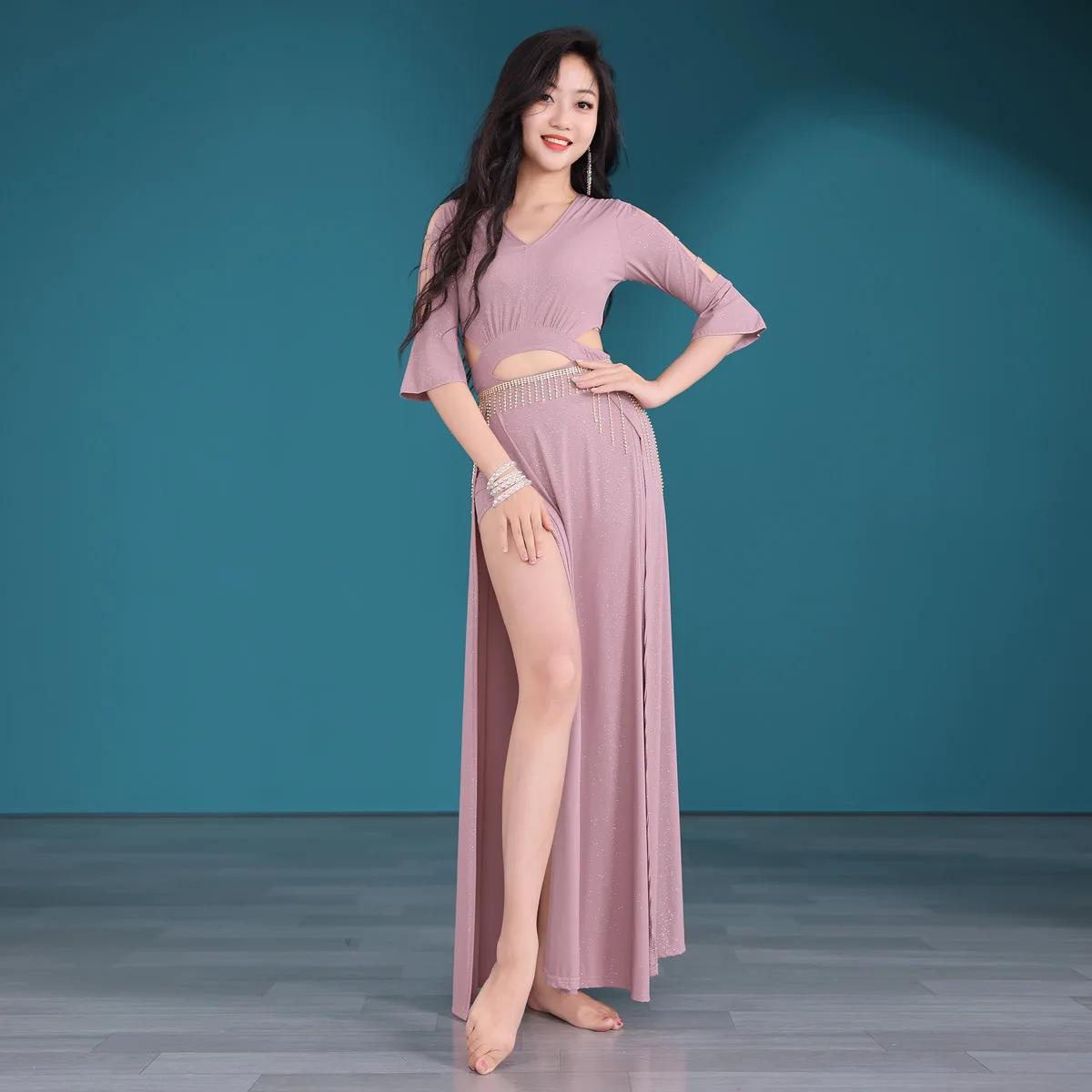 Dançarina vestido de dança do ventre feminino novo terno outono e inverno sexy buraco escavação vestido desempenho vestido prática 5585