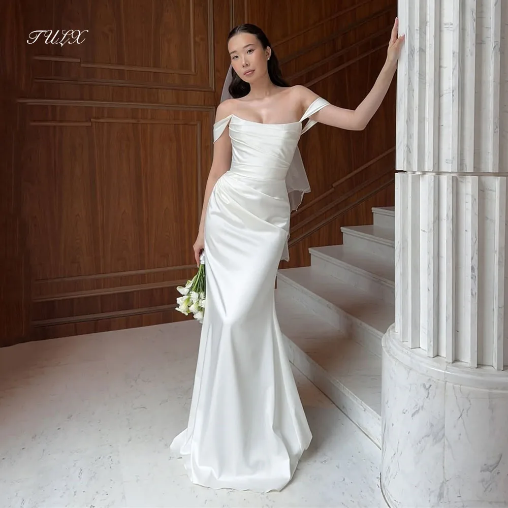 

TULX Elegant Mermaid Ivory Satin Wedding Dress Sexy O Neck Off Shoulder Bridal Gown Women Floor Length Robe De Mariée Customized