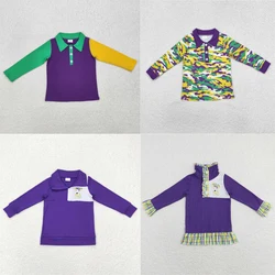 Wholesale hot sale western boutique children’s clothing Baby Boys Mardi Gras Purple Buttons Tee Shirts Tops