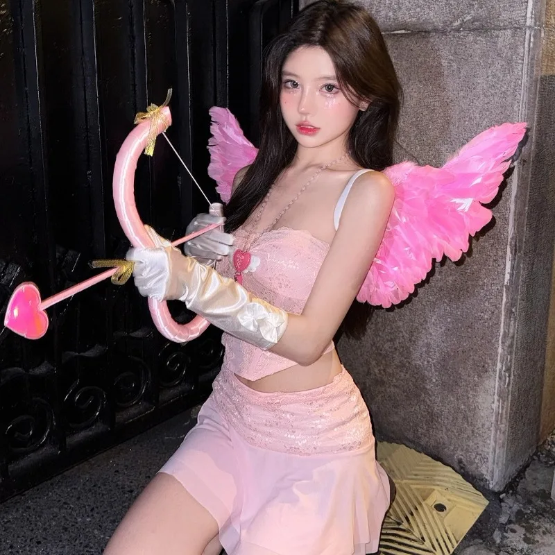 

Cupid Cosplay Angel Cos Pink Wing Bow and Arrow Necklace Gloves Full Set Role Play Props Accessories for Women Theme Party