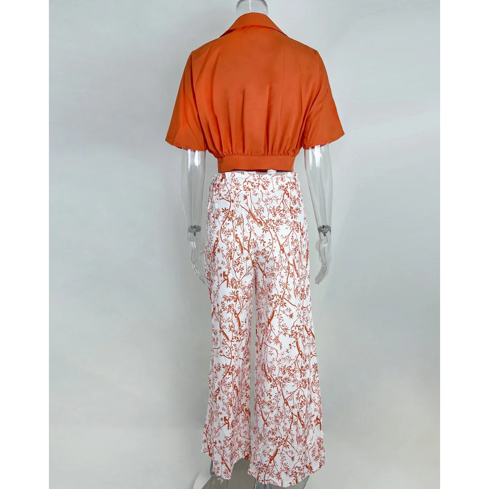 Casual Vintage Office Lady Suit Summer Deep V-Neck Short Sleeve Crop Top With Elastic Waist Print Loose Wide Leg Pants 2-Piece