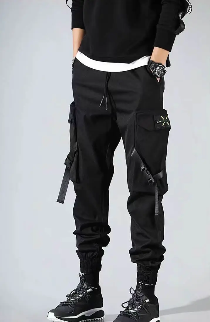 Classic Streetwear Casual Pants Men Ribbons Harem Jogging Pants Male Slim Fit Spring Cargo Pants Multi-Pockets Women Trouser KZ1