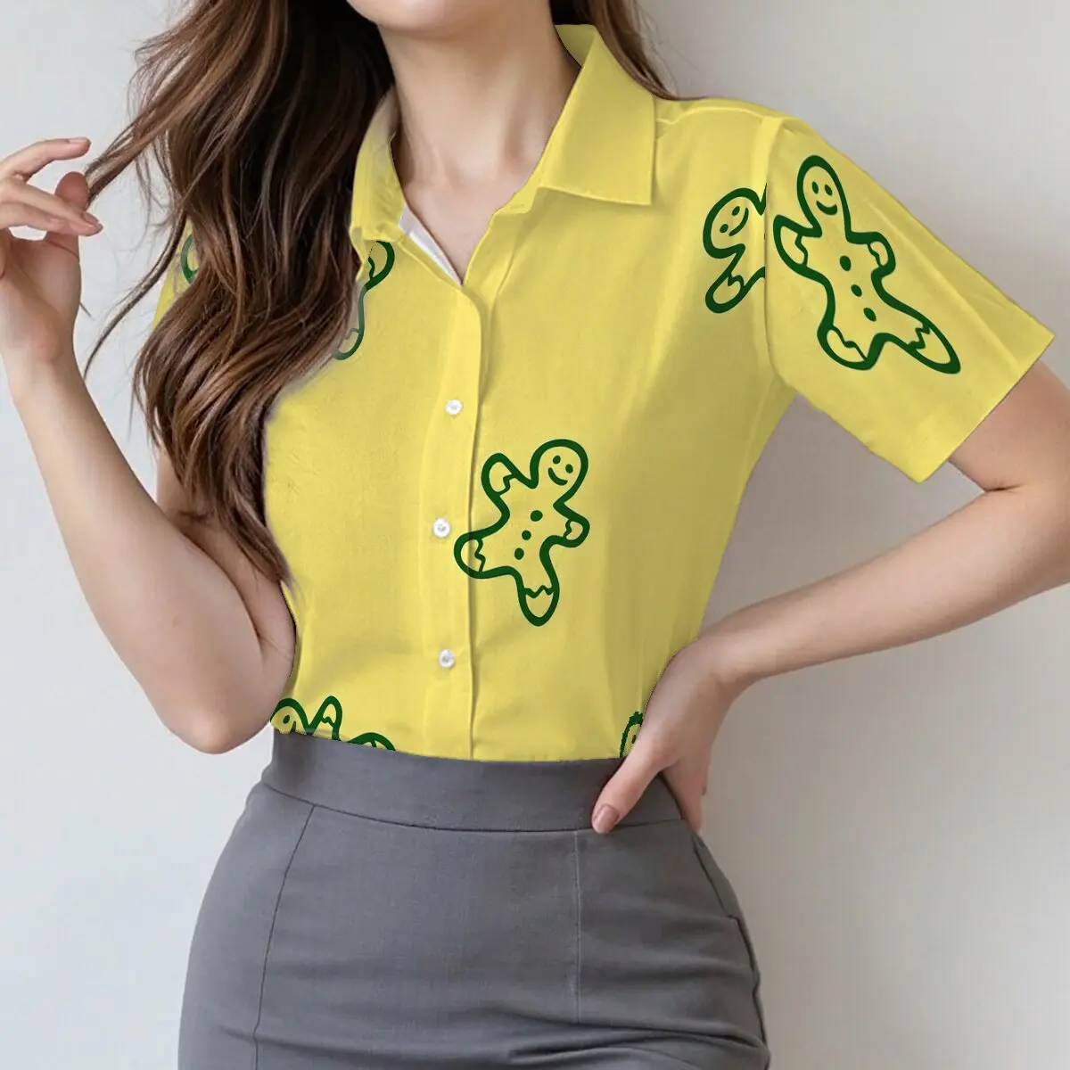 

Simple and personalized cartoon gingerbread printed women's summer collar short sleeved shirt casual daily versatile top