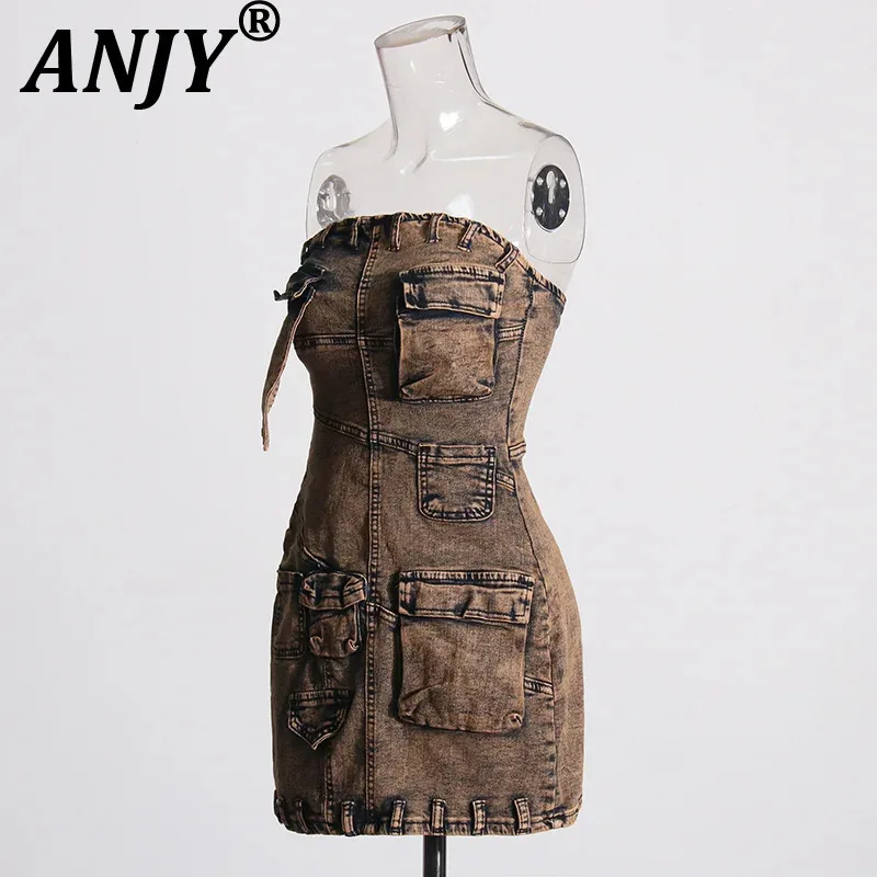 ANJY ฤดูร้อนใหม่ผู้หญิง INS อินเทรนด์ Punk Safari สไตล์ DENIM Patchwork Multi-Pocket SLIM FIT สั้นชุด HK6136