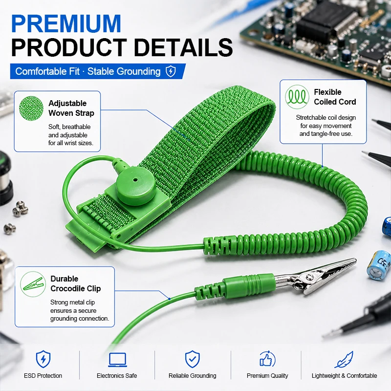 1.8/2.5/3/5/10m Anti Static ESD Wristband,Grounding Strap with Alligator Clip,Static Discharge Band for Electronics Repair Work