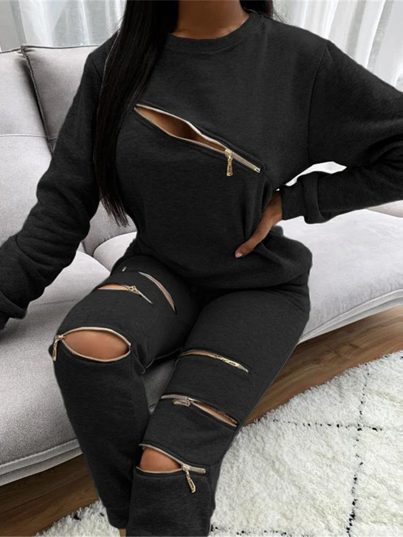 Autumn Tracksuit Women Two Piece Set Zipper Holes Long Sleeve Sweatshirt Top and Pants Sports Jogging Suit Female Matching Sets