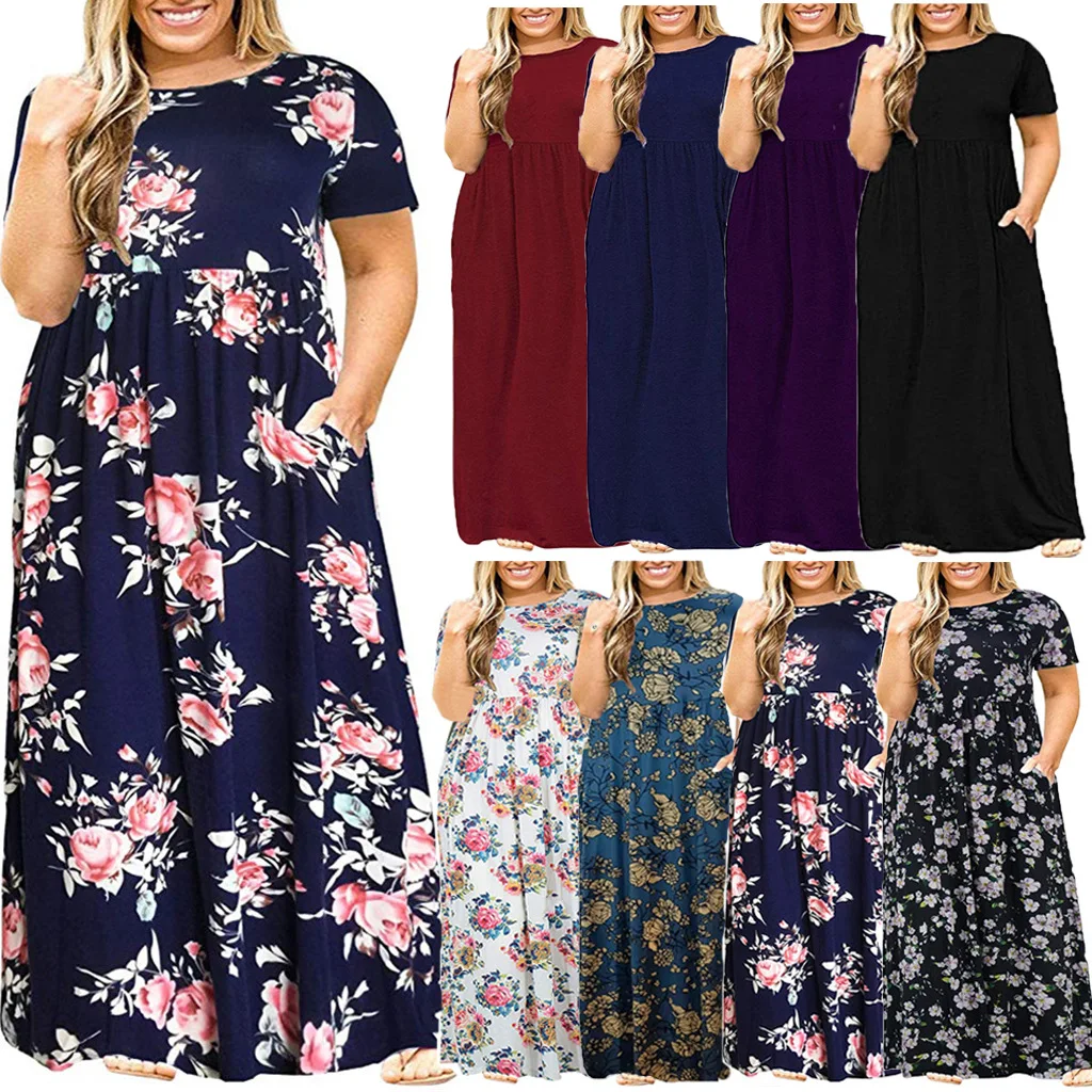 Verão 2024 plus size feminino redondo ne ort sve impresso longo dr cor pura moderno sle midi dr para senhoras plus size