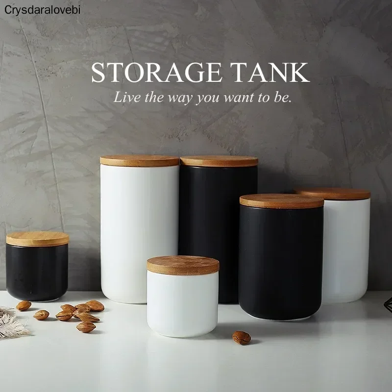 Ceramic Jar with Wood Lid Storage Bottle Jar Kitchen Food Coffee Tea Pot Seasoning Sealed Desktop Decoration Cereal Container