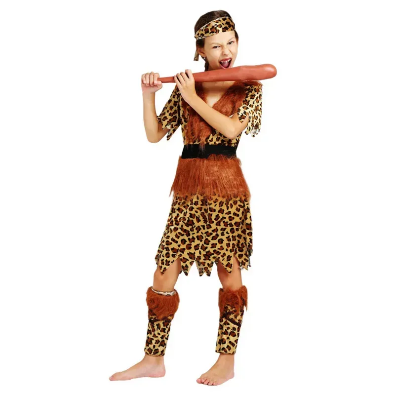 어린이 어린이 원시인 Cavewoman 의상 소년 소녀 Purim 할로윈 의상을위한 원시적 인 코스프레