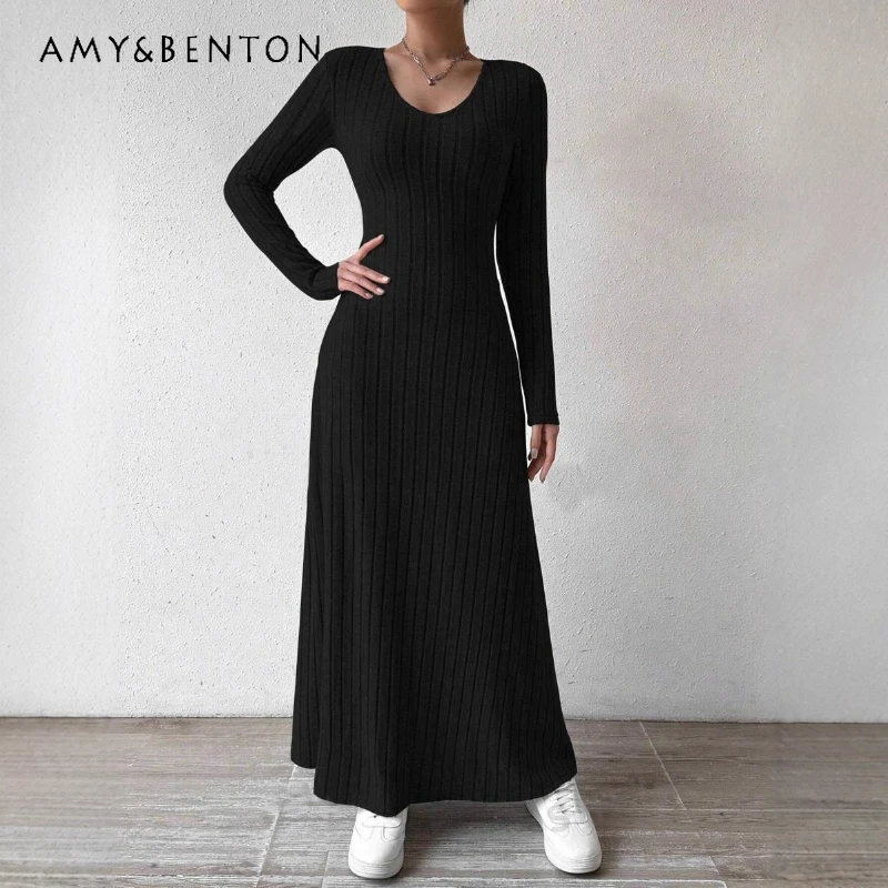 

European American Women's Clothing 2026 Spring Autumn New Round Neck Pullover Fashion Casual Simple Long Sleeve Dress Ladies