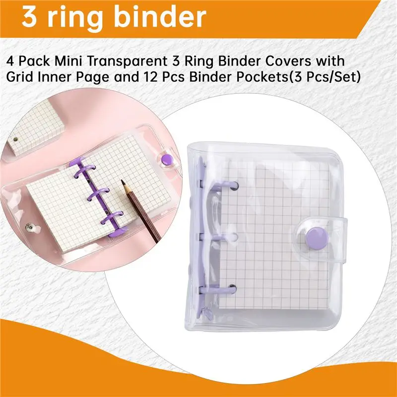 A19Q-4 Pack Mini Transparent 3 Ring Binder Covers With Grid Inner Page And 12 Pcs Binder Pockets(3 Pcs/Set)