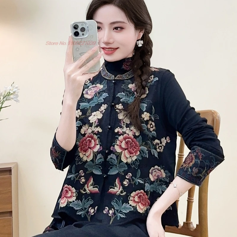 

2025 chinese vintage hanfu tops traditional stand collar vest national flower embroidery satin jacquard vest sleeveless jacket