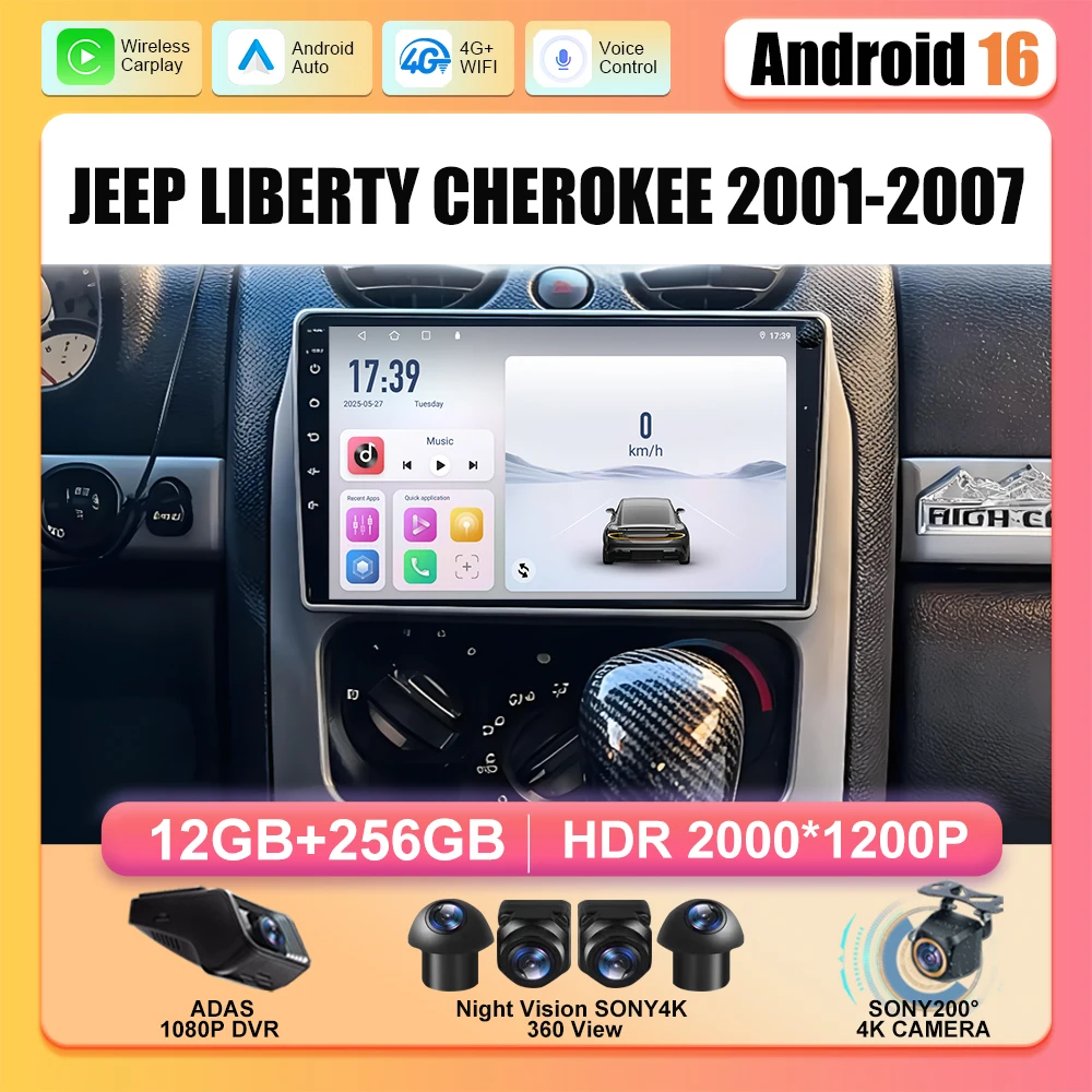 Android 16 Car Radio Carplay For JEEP LIBERTY CHEROKEE 2001 2002 2003 2004 2005 2006 2007 Multimedia Video Player 4G wifi 8 Core