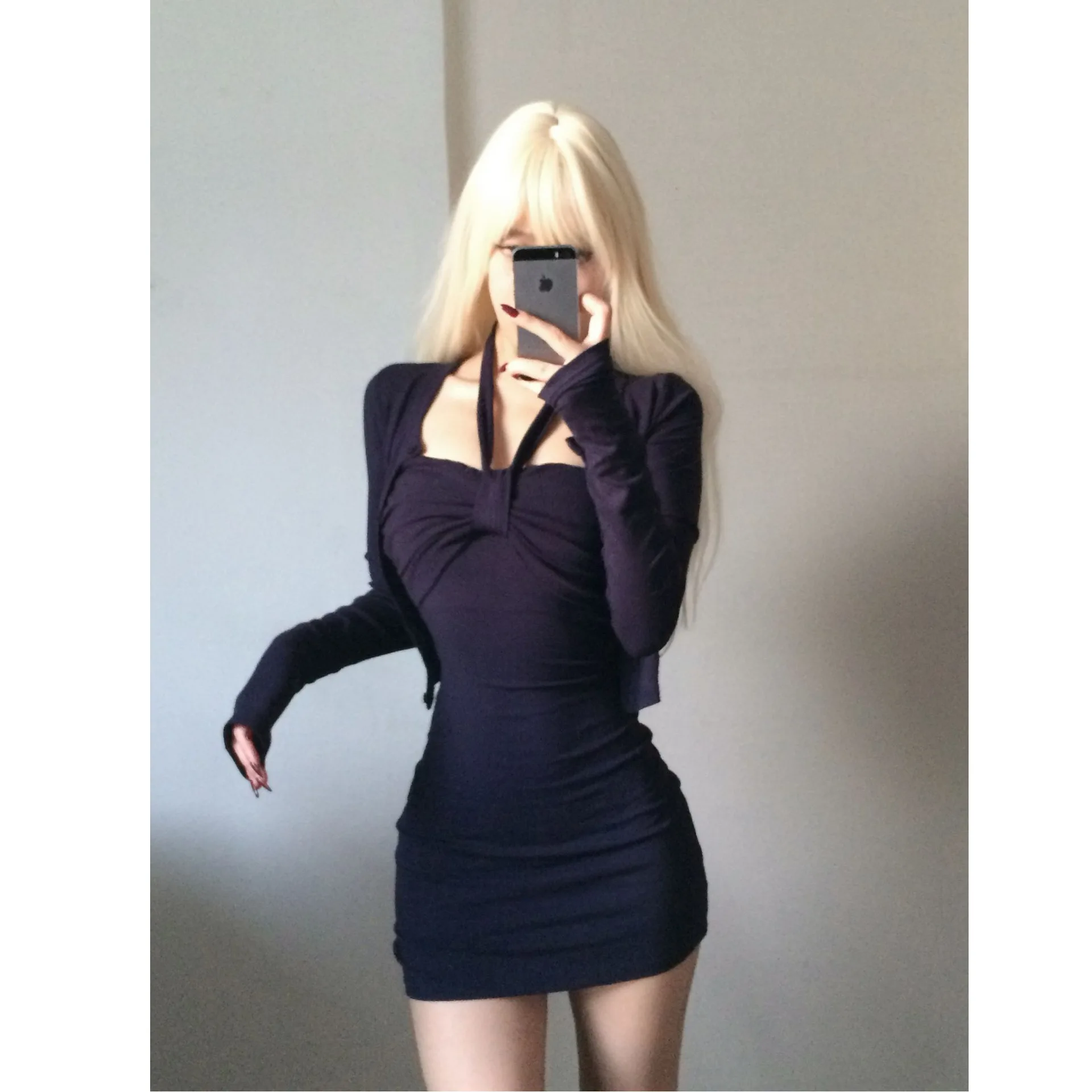 Sexy Skin-Tight Blue Sweater And Skirt Set with Chest Pad Women's Fashionable Slim Fit Long Sleeve T-Shirt Style Print Design