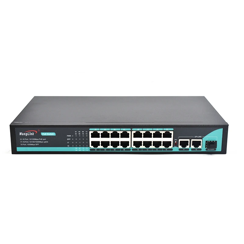 

Wanglink SL1621P integrated power supply 16 port 10/100mbps poe and 2 gigabit RJ45 uplink 1 ge SFP poe switch