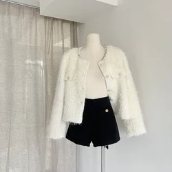 Winter Sweet Pearl Neck White Wool Fragrant Coat Women's Short High Quality Jackets