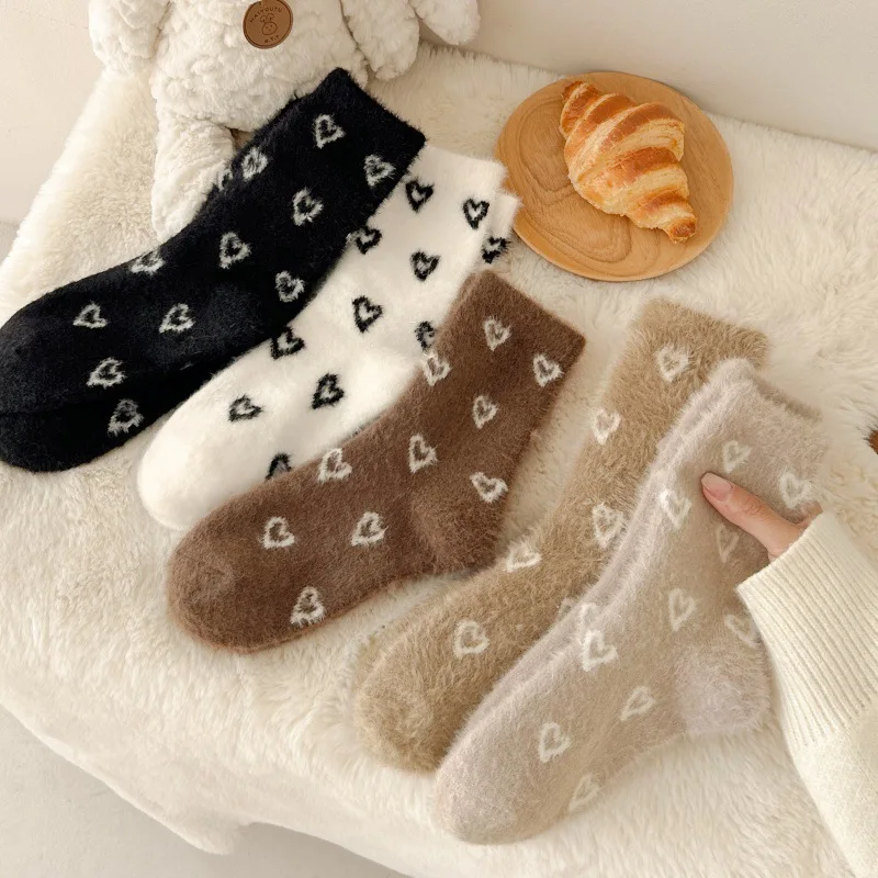 1 Pair Winter Warm Fluffy Plush Stocking Medium Tube Socks for Women's Cute Little Stars Heart Socks Indoor Floor Socks