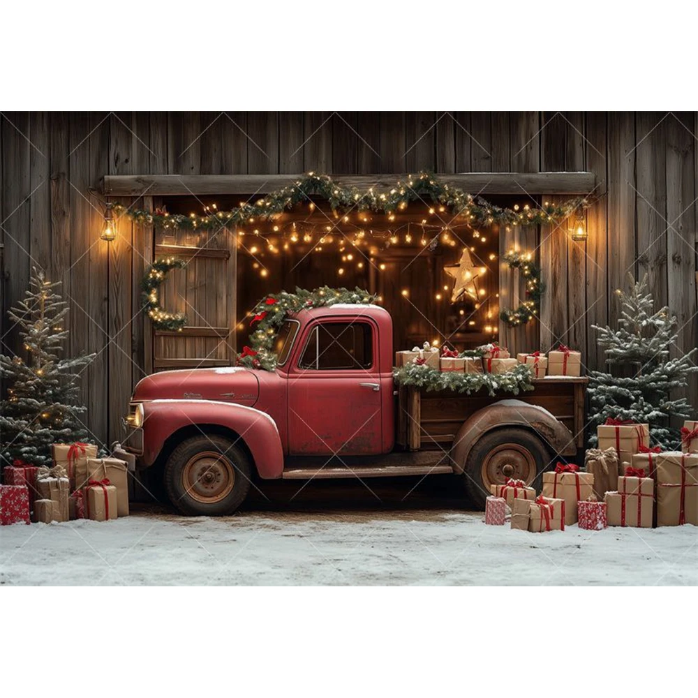 Winter Christmas Vintage Truck Photography Background Night Snow Wooden Wall XMAS Tree Baby Portrait Indoor Shoot Backdrop Decor