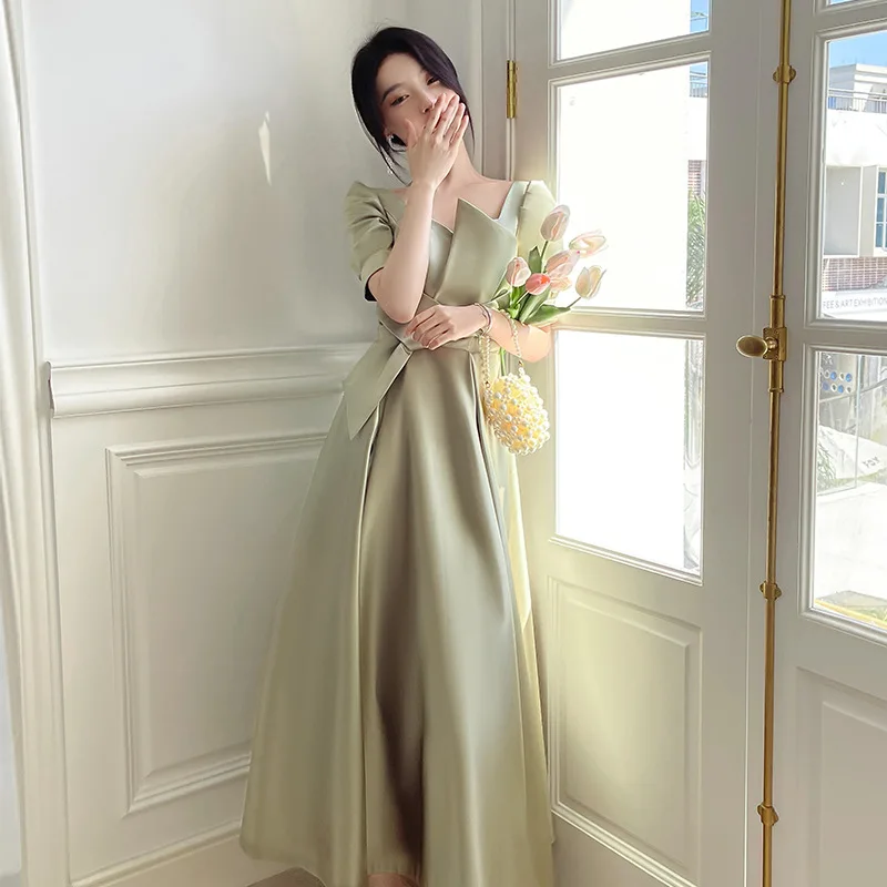 Green Bridesmaid Dresses 2022 New Luxury Satin Elegant Square Neck Short Sleeves Backless A-Line for Wedding Party Girls