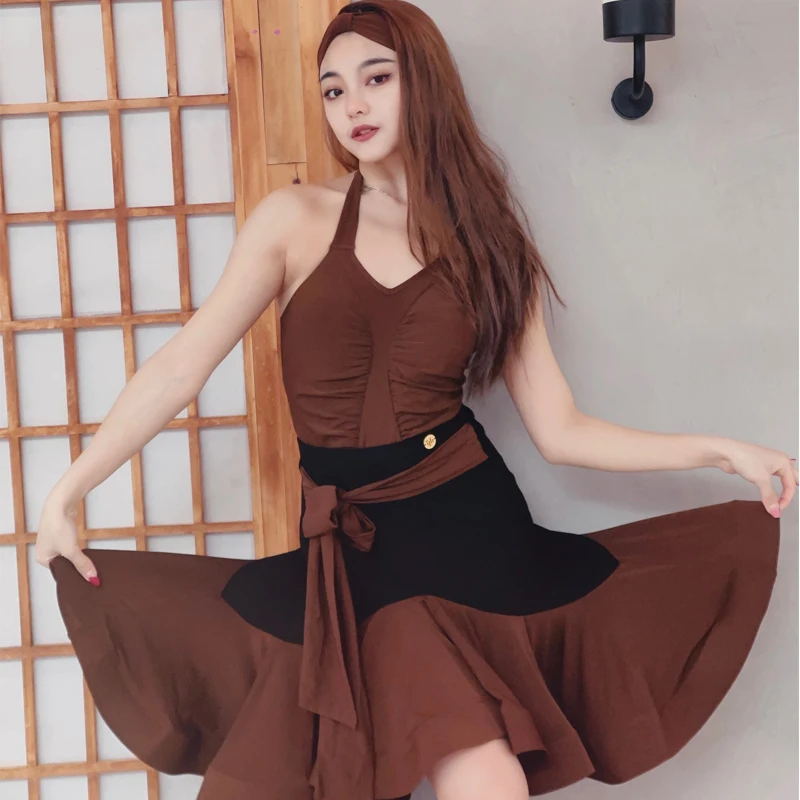 

Sexy Chacha Latin Dance Costume Women HalterLatin Top Ruffled Skirt Adults Rumba Balllroom Dance Training Clothes SL12175