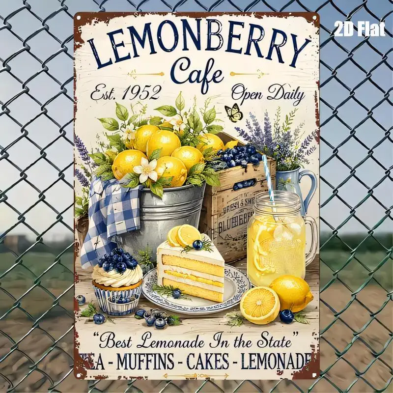 Lemonberry Cafe 1952 Vintage Iron Tin Sign - Retro Wall Art with Lemon, Blueberry, Cake & Lemonade, Iron Material, Perfect for C