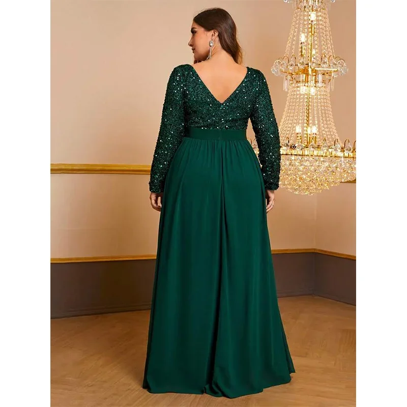 Vestido de lentejuelas verde oscuro con cuello redondo para mujer, vestido de noche elegante para dama de honor, banquete de boda, talla grande 4xl, 5xl, 2024