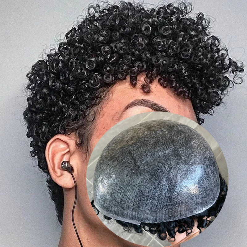 #1B10 BLACK WHITE Curly Mens Wig Hairpieces 15mm Afro Curl Full PU Toupee Indian Remy Human Hair Replacement for Black Men