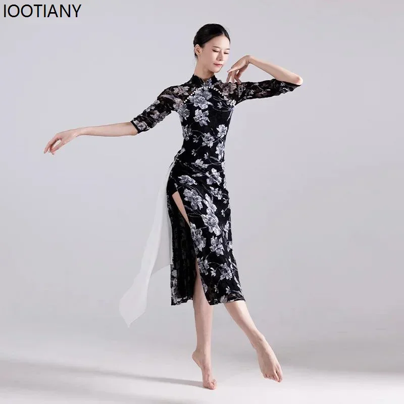 

CosplaySummer Women Sexy Lace Hand-beaded Modified Cheongsam Dance Costume Chinese High Slit Cheongsam Dress Classical Dance Sho