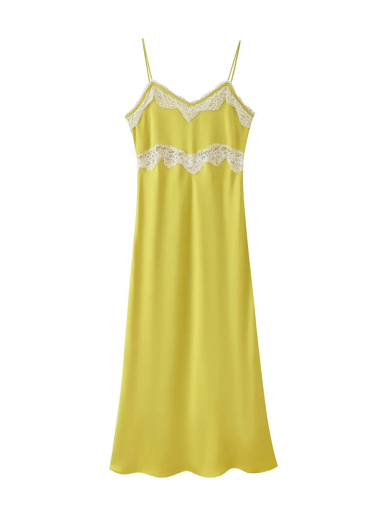 Women's Yellow Satin Midi Dress with Spaghetti Straps Summer Elegant Style with Lace Panels, Sleeveless Evening Party Dress