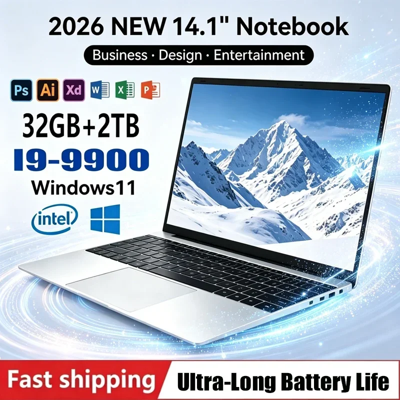 

2026 NEW 14.1" Laptop Intel Core I9-9900 32GB 2TB Gaming Computer PC Windows11 Gamer Office Ultra Slim Notebook 1920*1080