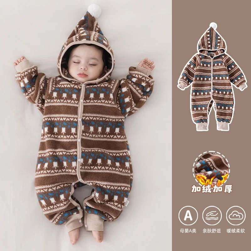 Baby Soft Warm Jumpsuits Newborn Kids Winter Comfort Warm Thick Plush Hooded Romper Infant Outdoor Windproof Thermal Overalls