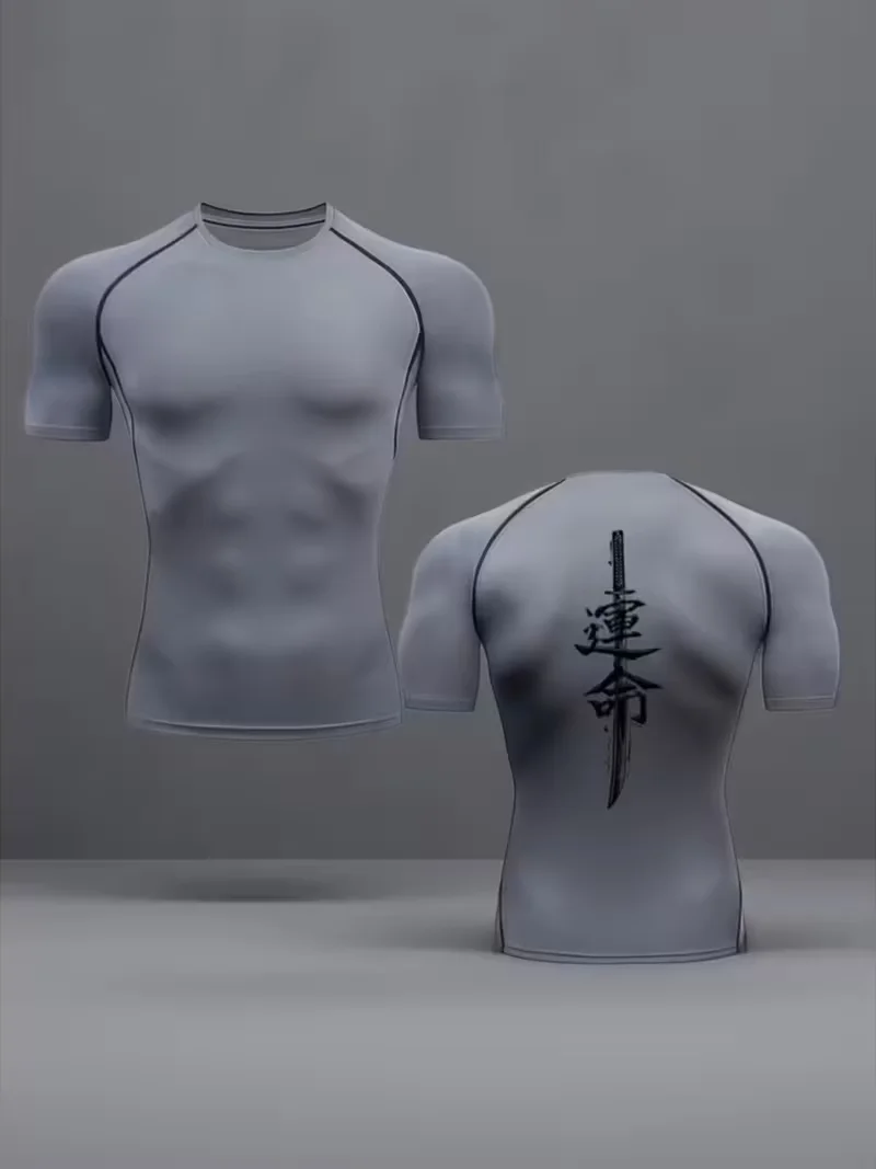 Men's sports tight fitting quick drying T-shirt with trendy design print, high elasticity compression short sleeved T-shirt,