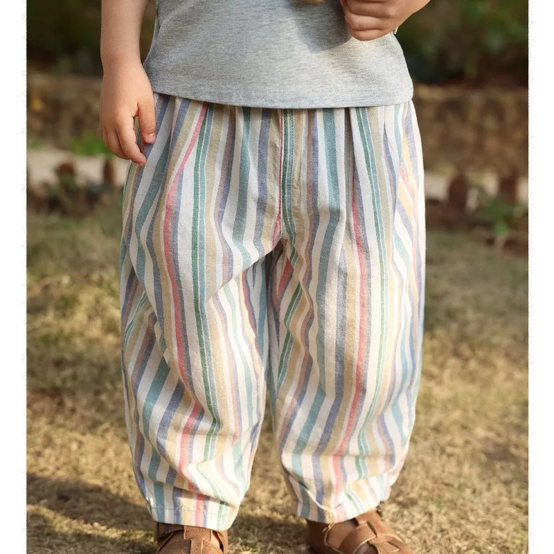 Bellbell Children Boys Trousers Thin Breathable Rainbow Striped Kids Anti-mosquito Pant Round Collar Infant Babys Boys Shorts