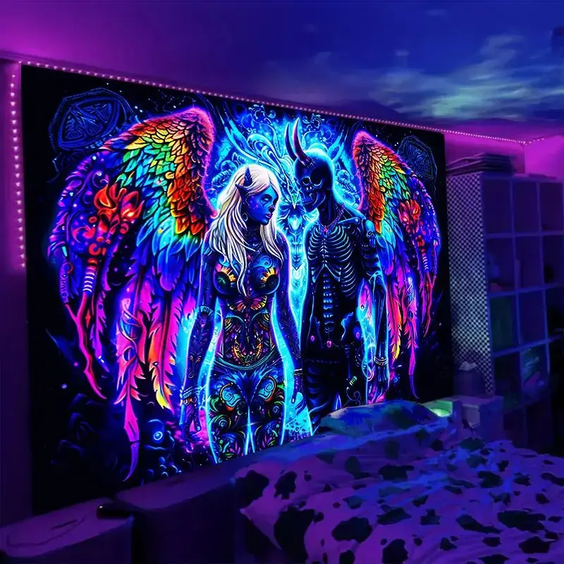 VIKAMA Rainbow Wing Demon Skeleton Tapestry Psychedelic Goth Blacklight Wall Hanging Bedroom Dorm Gaming Room Decor