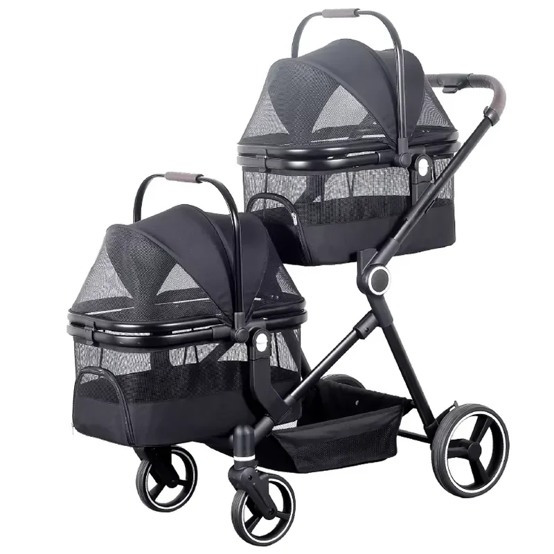 4-Wheel Double Seat Pet Carrier Collapsible Outdoor Travel Stroller for Camping for Cats and Dogs