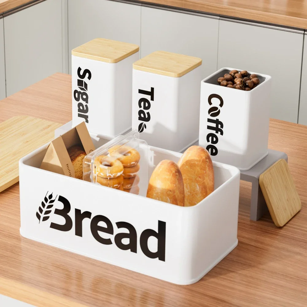 Bamboo Lid Canister Set with Bread Box Airtight Coffee Sugar Toast Storage Jars Kitchen Pantry Countertop Organizer 대나무 뚜껑 수납통