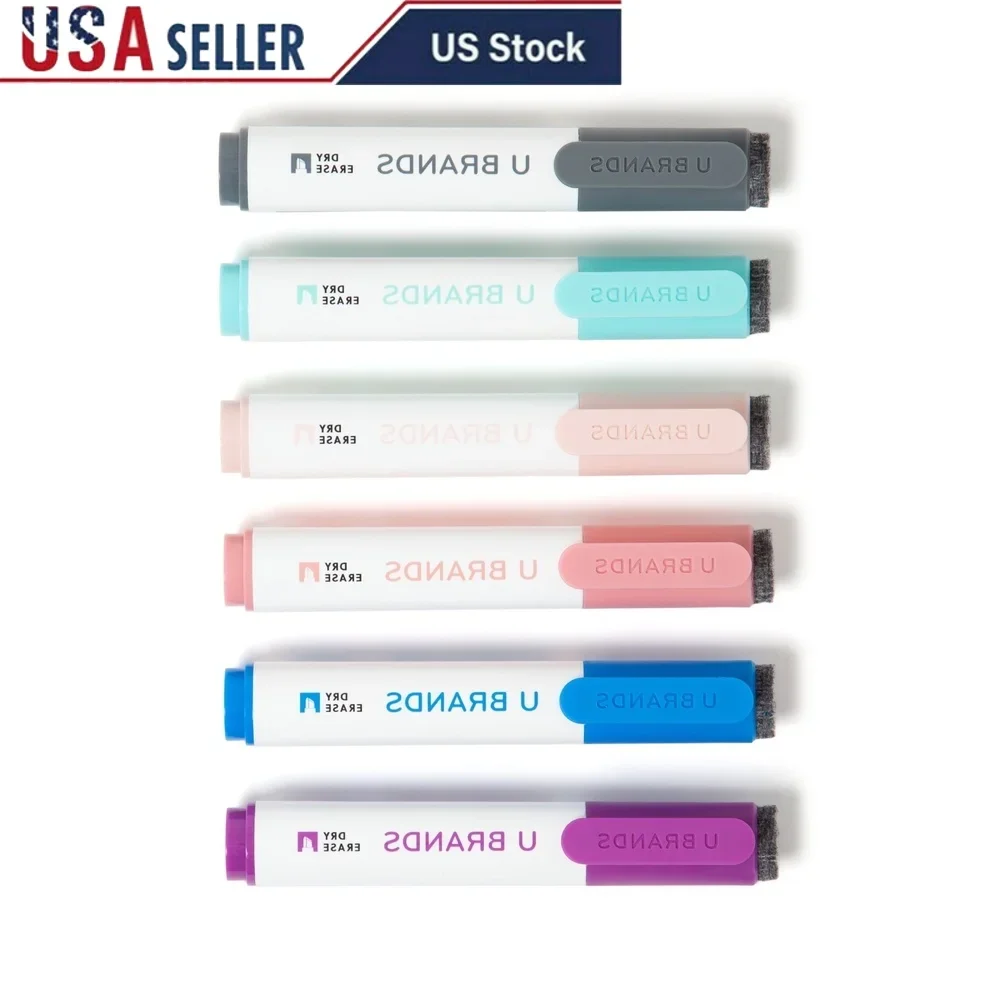 

Dry Erase Markers Set of 6 Low Odor Chisel Tip Non Toxic Assorted Colors Quick Drying Felt Erasers Office Home Classroom