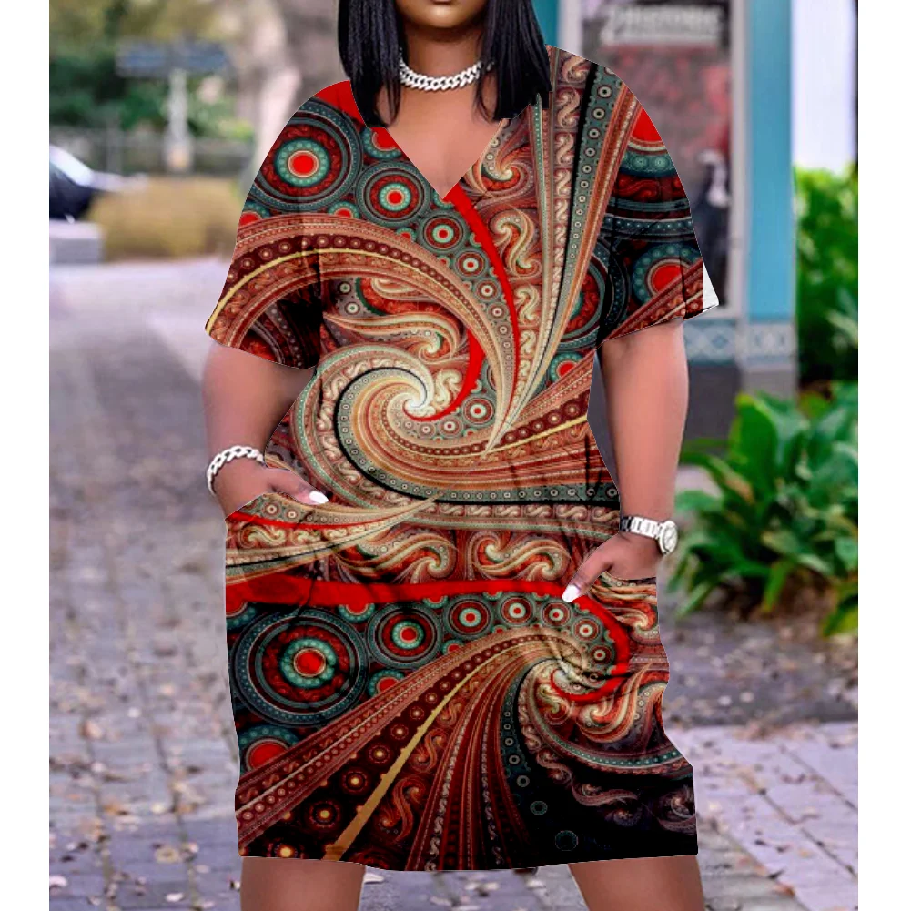 Natural Scenery Prints Women's Party Dresses Casual Women's Dress Vintage Print V-neck Short Sleeve Knee Length Dress