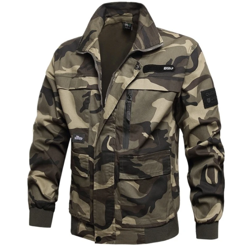 Cotton Camouflage Tooling Jacket Mens Outdoor Multi Pocket Wear-resistant Mechanical Work Coats Elasticity Lapel Windbreaker