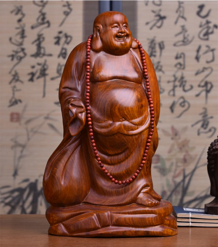 GOOD Buddha -HOME Spiritual protection Bless family # Bring good luck Handmade Yellow pear wood carving Maitreya Buddha statue