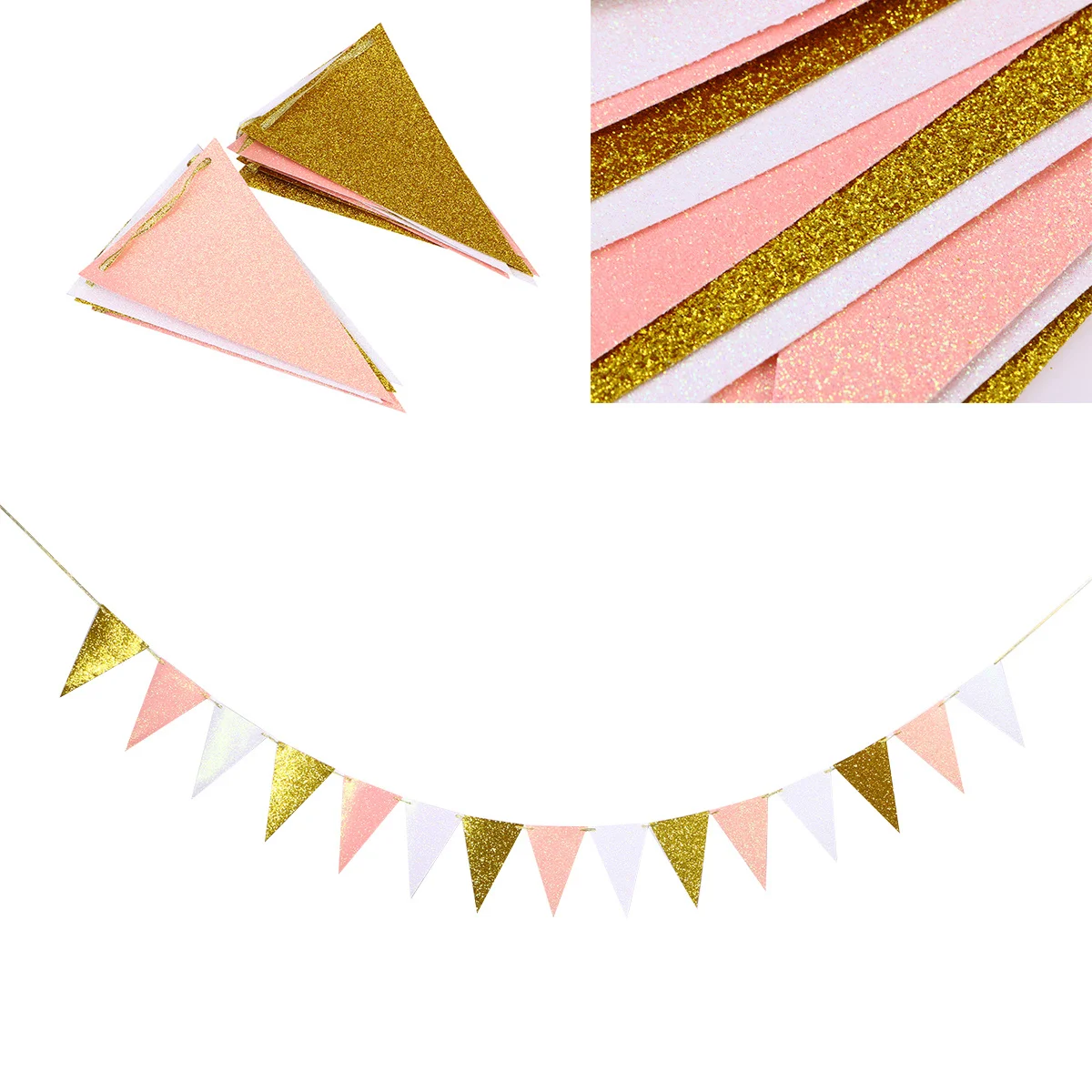 

3M Birthday Party Decoration Flags Bunting Banner Hanging Glitter Gold Pink Heart for Chic Exquisite Layout Birthday Banner