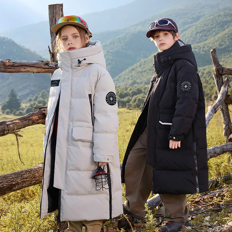 Boys Girls Long White Duck Down Puffer Coat Hooded Waterproof Windproof Winter Parka for Kids Thick Warm Outdoor Cold Weather