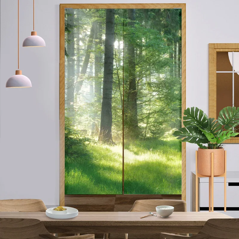 Cortinas de puerta de bosque para sala de estar, dormitorio, paisaje natural, Noren, cocina, medias cortinas, entrada, cortina de puerta Feng Shui