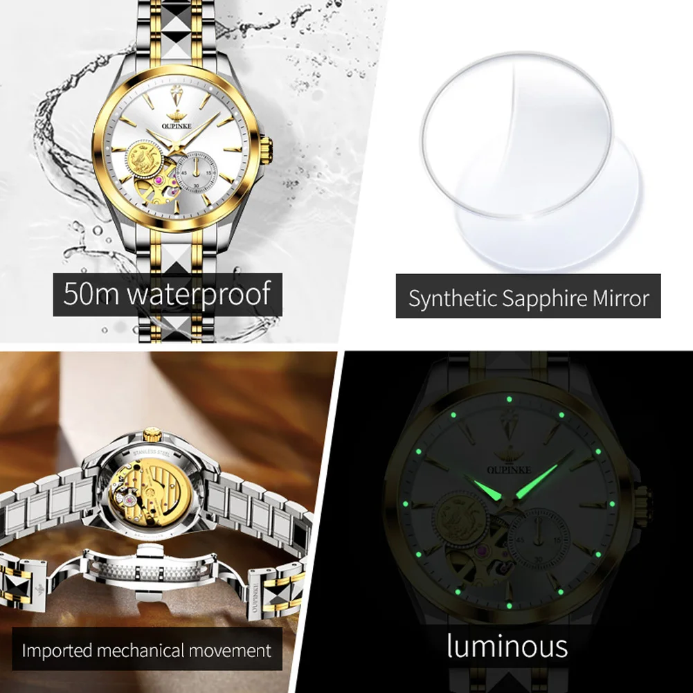 OUPINKE 3260 Real Diamond Mechanical Couple Watch For Men Women Luxury Original Dress Hand Clock Hollow Deep Waterproof Watches